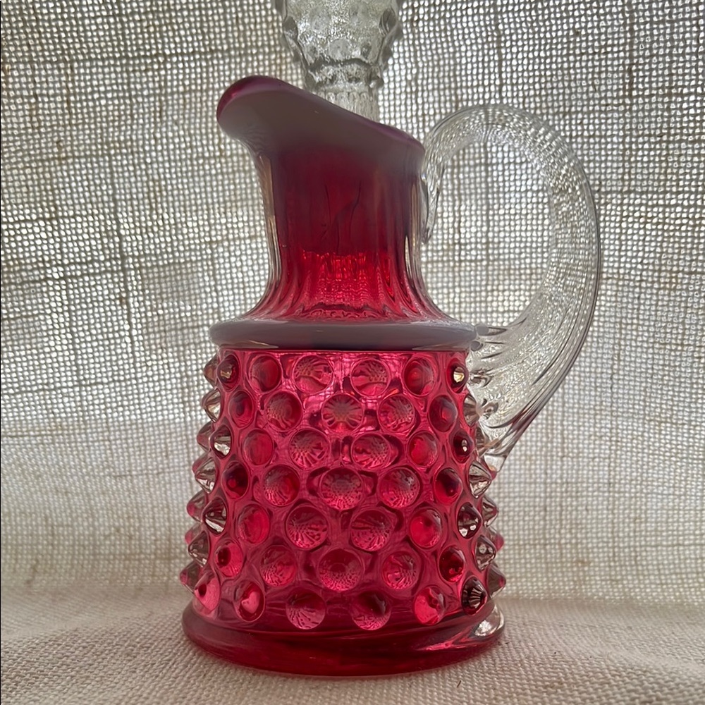 Fenton Glass Cranberry Opalescent Hobnail Oil Bottle Cruet w/ Crystal Stopper - Picture 3 of 16